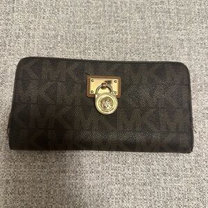 Michael Kors Brown Signature MK Zip Wallet with Gold Accent